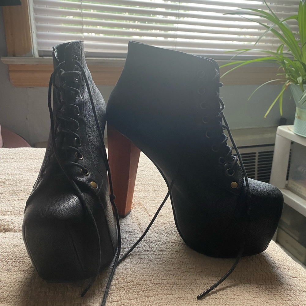 Jeffrey Campbell Black Ankle Boots with Brown Heel